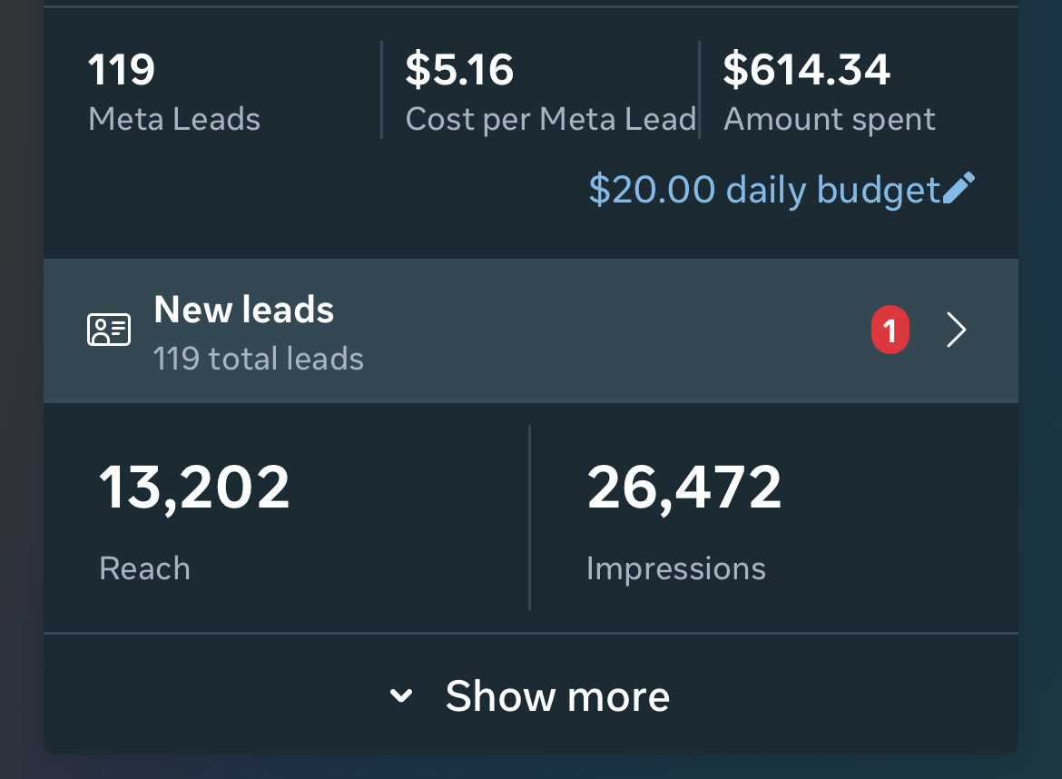 $20/day Facebook Ads campaign performance – Arkboosted Meta Ads results